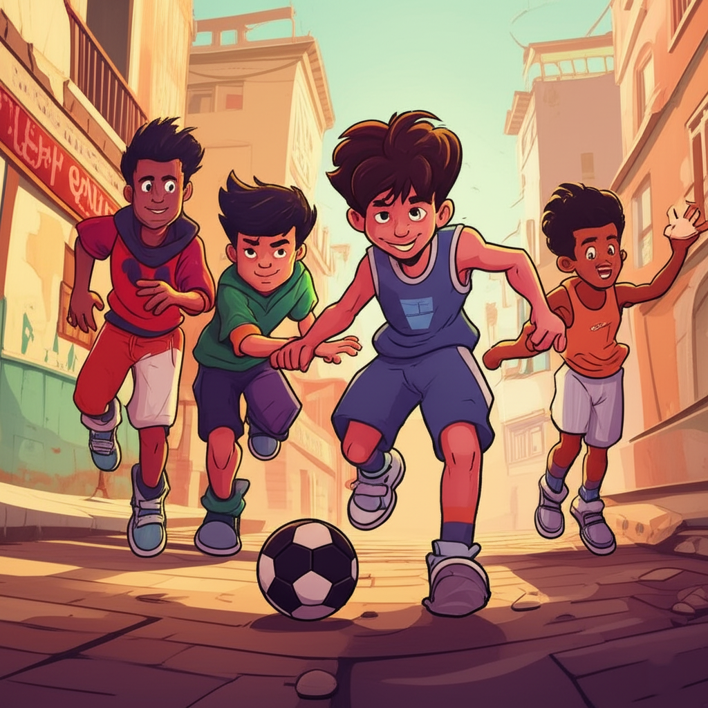 Rapazes jogando bola na rua